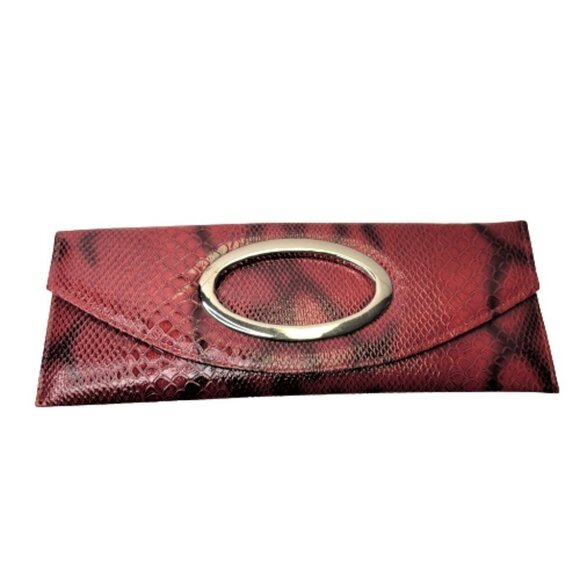 Snake Print Maroon Red Long Rectangular Clutch Purse - Picture 4 of 11